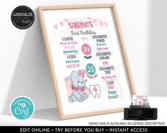 Editable Dumbo Milestone Board Dumbo First Birthday Board Dumbo Chalkboard Poster DIY Milestone Sign Download Corjl Template Printable GDP
