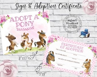 May include: Printable sign and certificate for a pony adoption event. The sign says "Adopt a Pony" with three cartoon ponies. The certificate says "Certificate of Adoption" with a pink and white gingham background and a cartoon pony.