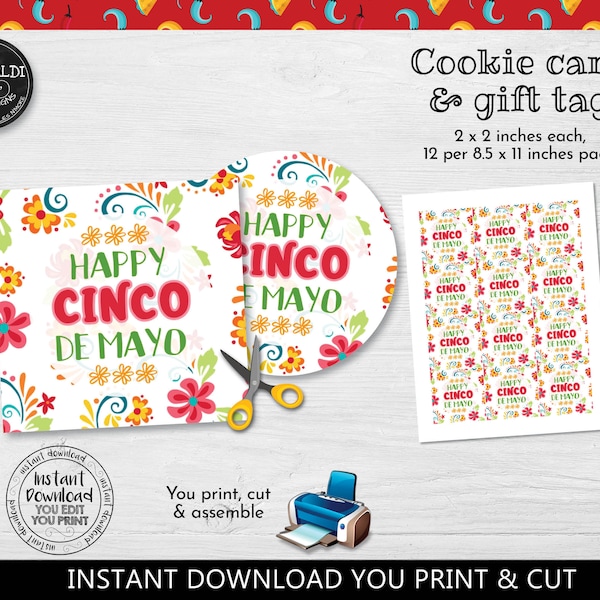 Instant Download Cinco de Mayo Favor Tag, Happy Cinco de Mayo Cookie Tag, Mexican Fiesta Gift Tag, 5th of May Mexican Holiday Cookie Card MF