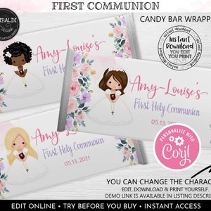 Puede incluir: Envoltorio de barra de caramelo imprimible para una Primera Comunión. El envoltorio presenta un diseño floral de acuarela con una niña con un vestido blanco y un fondo rosa. El texto en el envoltorio dice "Amy-Louise's First Holy Communion".