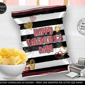 May include: Printable Valentine's Day chip bag design with black and white stripes, red and gold hearts, and the text "Happy Valentine's Day!"