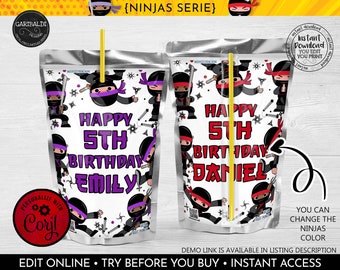 May include: Editable juice box labels with a ninja theme. The labels feature a silver background with black ninjas, purple stars, and the text "Happy 5th Birthday Emily" and "Happy 5th Birthday Daniel".