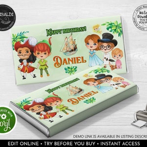 May include: Printable favor tags featuring Peter Pan, Captain Hook, and Tinkerbell characters. The tags are green and feature a light green background with the text "Happy Birthday!" and "Daniel".
