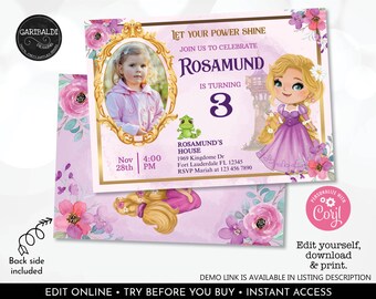 Editable Rapunzel Invitation Tower Princess Invite Rapunzel Birthday Party Photo Invitation Digital Download Printable Corjl Template PRH