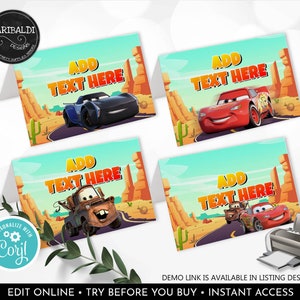 Editable Radiator Springs Racing Car Food Labels Cars Buffet Tent Cards Printable Route 66 Place Cards Party Birthday Digital Download DCR