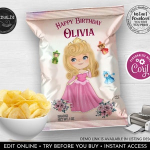 Editable Sleeping Beauty Chip Bag Wrapper Printable Pink Princess Potato Chip Bag Template Instant download Sleeping Beauty Party Favors SB