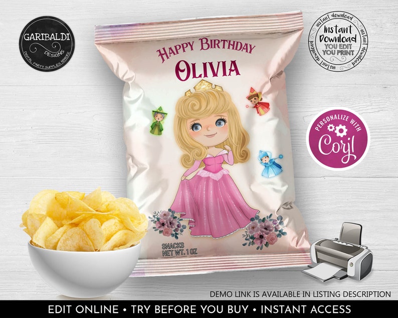 Editable Sleeping Beauty Chip Bag Wrapper Printable Pink - Etsy