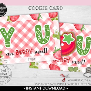 Valentine's Day Cookie Card, You are BERRY Sweet Valentine Cookie Card, Instant download Strawberry Tag, Printable Mini Cookie Card VL