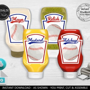 May include: Four printable labels for condiment bottles featuring a baseball theme. The labels are red, yellow, green, and white with the words "Ketchup", "Mustard", "Relish", and "Mayo" printed on them. Each label has a baseball graphic.