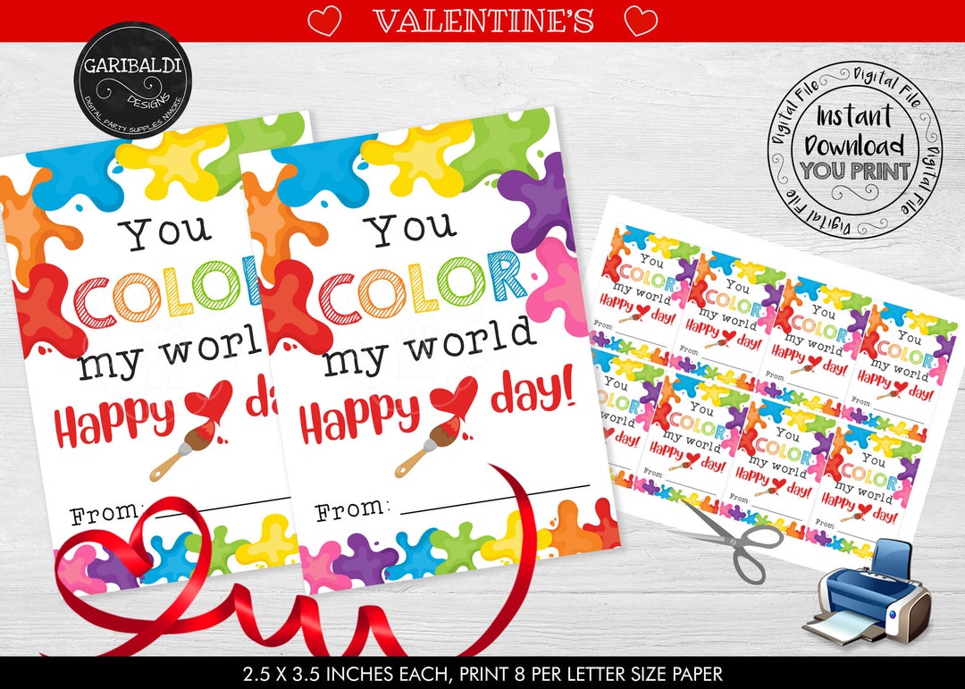 Printable You Color My World Valentine's Day Cards Art Valentine's Day ...
