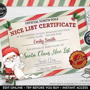 Editable Santa Claus Official Nice List Certificate Personalised Letter from North Pole Desk Christmas Eve Corjl Printable Template 3 CE2 CH