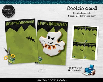 Tarjeta de galletas de Halloween imprimible, soporte de galletas de monstruo imprimible, etiqueta de galleta de Feliz Halloween de descarga instantánea, mini tarjeta de galletas de 8,9 x 12,7 cm (HW)