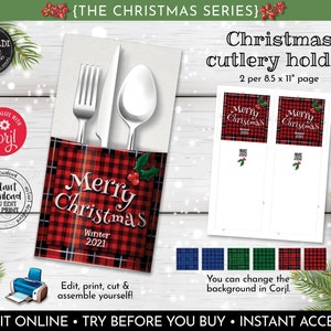 Puede incluir: Plantilla imprimible de porta cubiertos de Navidad con un diseño de cuadros rojos y negros con el texto "Feliz Navidad Invierno 2021". La plantilla está diseñada para ser editada e impresa en papel de tamaño A4.