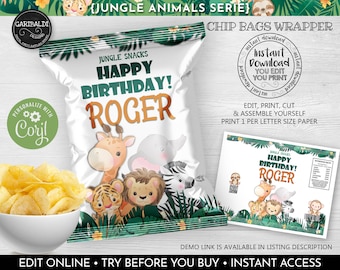 Può includere: Confezione per sacchetto di patatine fritte stampabile a tema animali della giungla. La confezione presenta una giraffa, un elefante, un leone, una tigre e una scimmia. Il testo sulla confezione dice "Jungle Snacks Buon Compleanno! Roger".