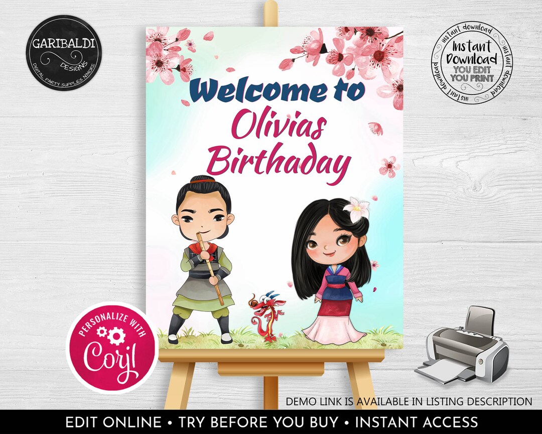 Editable Mulan Welcome Sign Mulan Birthday Party Sign Mulan Party ...