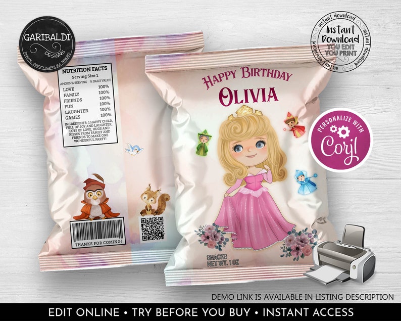 Editable Sleeping Beauty Chip Bag Wrapper Printable Pink - Etsy