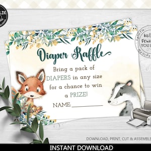 Instant Download Woodland Baby Shower Diaper Raffle Ticket, Printable Forest Animals Diaper Raffle Game Card, Baby Shower Diaper Request WL