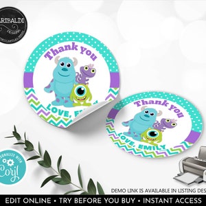 May include: Two round, printable stickers with a turquoise background and white polka dots. The stickers feature a purple and green chevron pattern around the edge. The stickers feature a cartoon image of Sully, Mike, and Boo from the movie Monsters Inc. The text on the stickers reads "Thank you" and "Love, Emily".