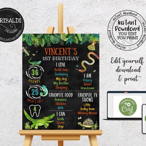 Pode incluir: Um cartaz de aniversário de 1º aniversário imprimível para um menino chamado Vincent. O cartaz apresenta um tema de selva com uma cobra, uma tartaruga, um crocodilo e um dente. Inclui detalhes como a idade, a altura, o peso, os alimentos favoritos e os programas de televisão favoritos de Vincent.