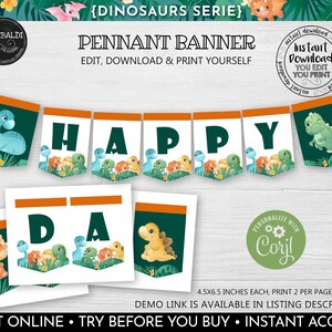 Editable Dinosaur Banner Printable T-Rex Dinosaurs Banner Dinosaur Birthday Party Banner Instant download Dinosaur Pennant Banner DW1