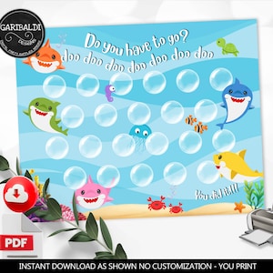 Puede incluir: Tablero de juego imprimible con un fondo de océano azul con burbujas blancas, un tiburón amarillo, verde y azul, una tortuga marina, una medusa y un cangrejo. El texto "Do you have to go? doo doo doo doo doo doo doo" está en la parte superior del tablero. El texto "You did it!!!" está en la parte inferior del tablero.