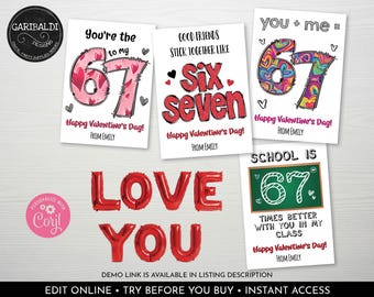 Editable 67 Valentine's Day Cards Valentines 67 Tags Kids Exchange Card Classroom School Friend Treat Gift Tag Instant Download Printable VL