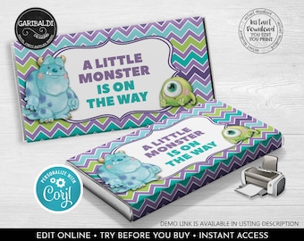 Editable Candy Bar Wrapper Monsters Chocolate Bar Wrapper Monster Baby Shower Favors Birthday Party Monster Decorations Corjl Template MINC