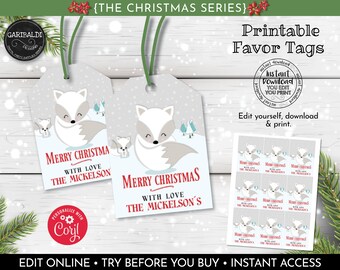 Editable Christmas Favor tags Instant Download Christmas Gift tags Woodland Fox Gift tags Holidays Favor tags Christmas Winter Fox Tags CH20