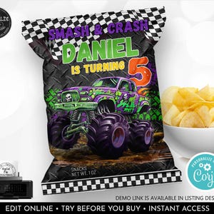 May include: A black and green monster truck with purple accents is featured on a chip bag. The bag is decorated with a chequered pattern and the text "Smash & Crash Daniel is turning 5".