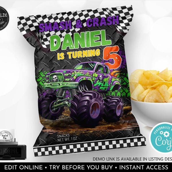 Editable Monster Truck Chip Bag Wrapper Monster Truck Birthday Party Favors Monster Truck Printable Digital Download Template Corjl MT