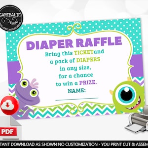Baby Shower Diaper Raffle Insert Card Instant download Monsters Diaper Request Ticket Printable Monsters Baby Shower Party Supplies DMI