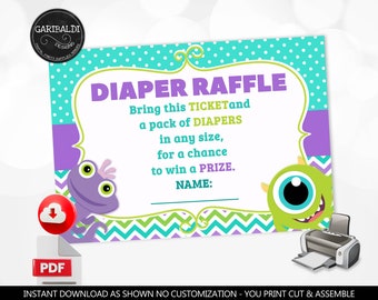 Baby Shower Diaper Raffle Insert Card Instant download Monsters Diaper Request Ticket Printable Monsters Baby Shower Party Supplies DMI