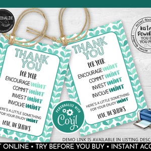 Editable Mint Thank you Tags, Printable Mint Tags, Volunteer Staff Nurse Employee Boss Co-worker Teacher Appreciation Mint Favor Tag 1 TA