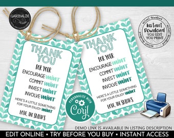 Editable Mint Thank you Tags, Printable Mint Tags, Volunteer Staff Nurse Employee Boss Co-worker Teacher Appreciation Mint Favor Tag 1 TA