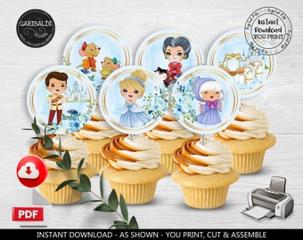 Printable Cinderella Cupcake Toppers Cinderella  Labels Princess Birthday Party Decorations Cinderella Party Supplies Download Favor Tags CP