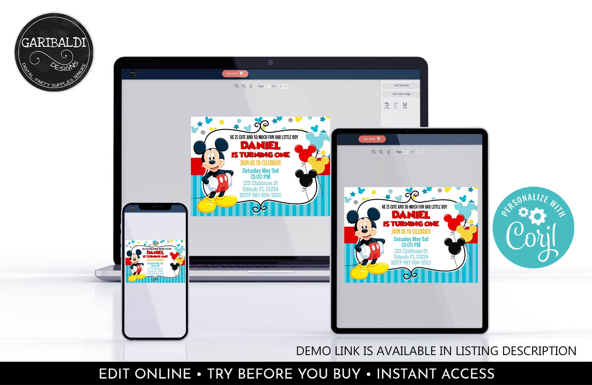 Editable Mickey Mouse Invitation Boy First Birthday Printable ...