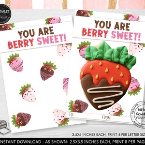 Valentine's Day Cookie Card You are BERRY Sweet Valentine Cookie Holder Instant download Strawberry Cookie Tag Printable Mini Cookie Card VL