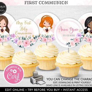 First Communion Cupcake Toppers Editable First Communion Table Decorations  Printable Pink Girl First Communion Party Supplies 1 FC