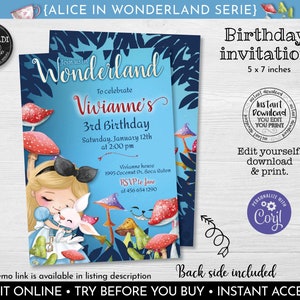Alice in Wonderland Invitation, Editable Alice in Wonderland Birthday Party Invitation, Instant Download Alice in Wonderland Invite 02 AWL1