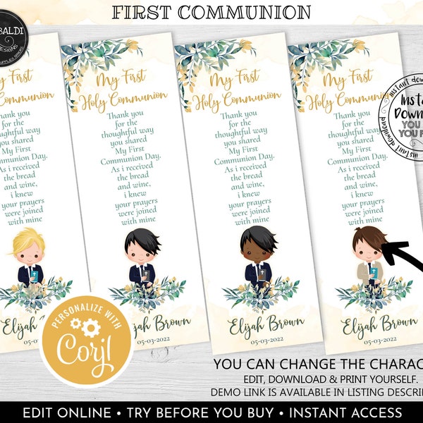 Editable First Holy Communion Bookmarks Template, First Communion Favors Tags, Printable Holy Communion Gift, Recuerdos Primera Comunión FC