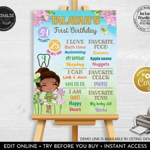 Editable Princess and the Frog Milestone Board Tiana Birthday Party Decor First Birthday Stats Poster Board Printable Corjl Template PF