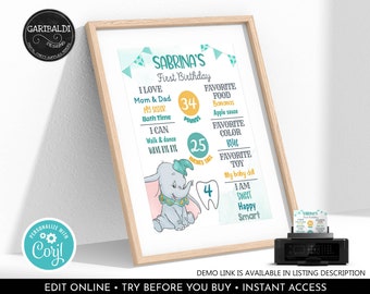 Editable Dumbo Milestone Board Dumbo First Birthday Board Dumbo Chalkboard Poster DIY Milestone Sign Download Corjl Template Printable GDM