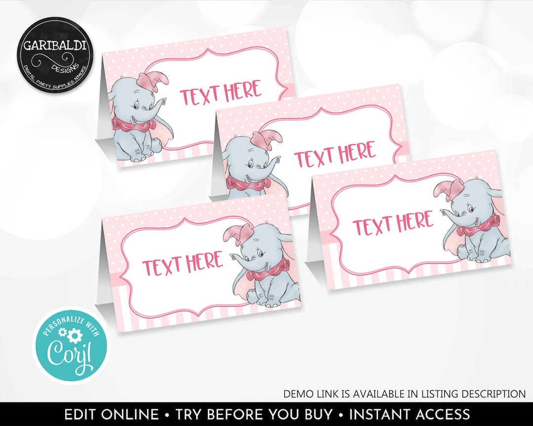 Editable Dumbo Food Labels Pink Dumbo Food Tent Tags Baby Elephant ...