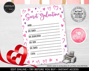 Pode incluir: Cartão Secret Galentine imprimível com um padrão de corações rosa e roxo. O cartão tem linhas para escrever informações como nome, doce favorito, bebida favorita, chiclete favorito, lanche favorito e o que você ama. O texto "Secret Galentine" está escrito em letras cursivas rosa.