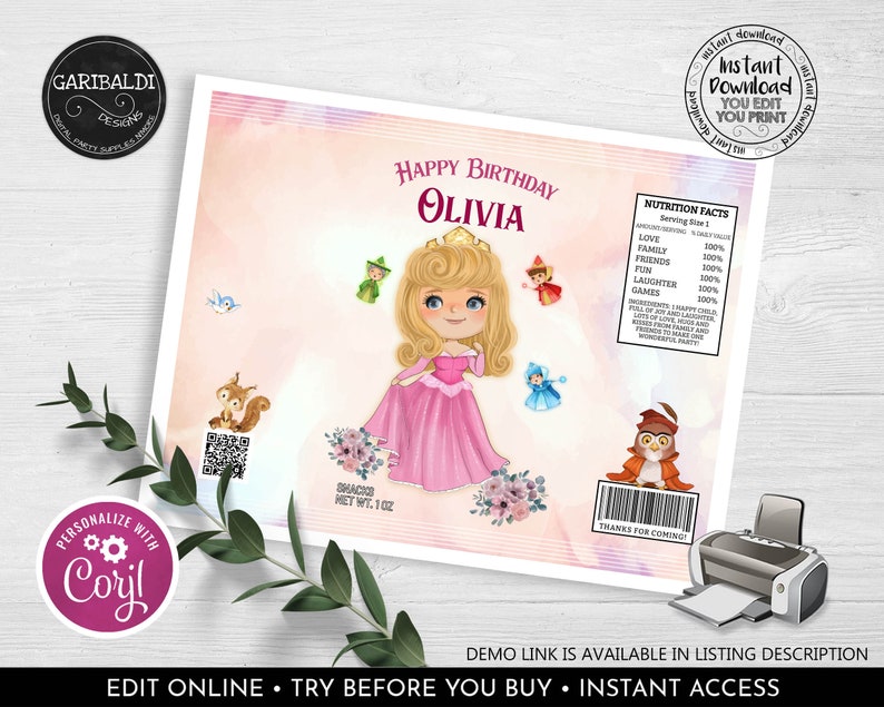 Editable Sleeping Beauty Chip Bag Wrapper Printable Pink - Etsy
