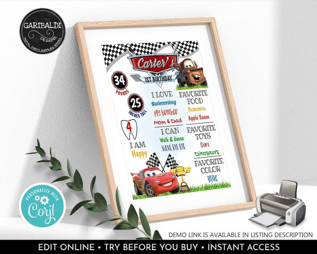 Editable Race Cars Milestone Board Cars First Birthday Board Cars