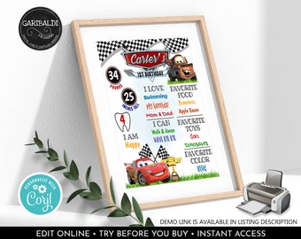 Editable Race Cars Milestone Board Cars First Birthday Board Cars Chalkboard Poster DIY Milestone Sign Download Corjl Template Printable DCR
