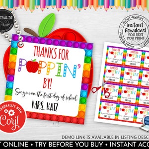 Editable Back to School Favor Tag Thanks for Popping by Gift Tags Meet the Teacher label Open House School Printable Pop Fidget Tags 1 TA