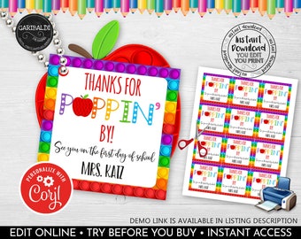 Puede incluir: Una etiqueta de regalo imprimible para el Día del Maestro con un diseño de pop-it arcoíris. La etiqueta dice "Gracias por pasar! Nos vemos el primer día de escuela, Sra. Katz".