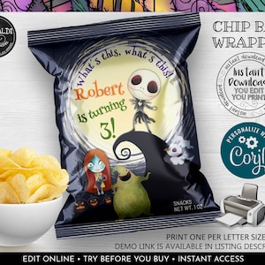 Editable Nightmare Christmas Chip Bag Wrapper Instant download Halloween Chip Bag Template Nightmare Birthday Chip Bag Party Favors NBCH